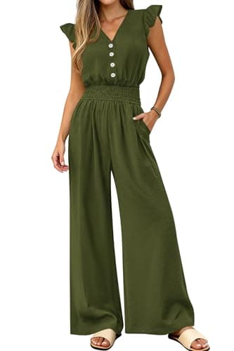 dowerme Women's Jumpsuits Dressy Casual 2026 Summer Ruffle Cap Sleeve V Neck Button Smocked Rompers Wide Leg Overalls(Army Green,Medium) - Image 1