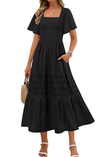 MEROKEETY Women's 2026 Summer Flowy Midi Maxi Dress Short Sleeve Square Neck Smocked Tiered Ruffle Boho Dresses with Pockets, Black, X-Large - Image 1