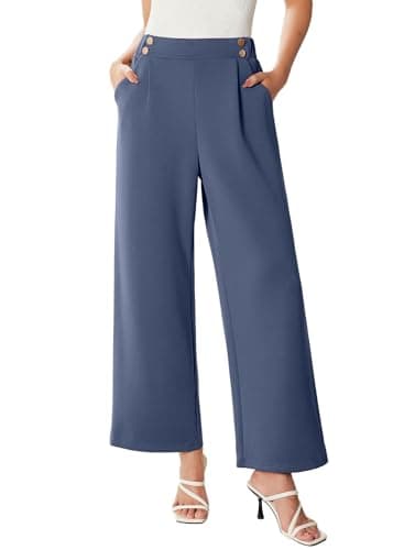 EVALESS Work Pants for Women Wide Leg High Waisted Stretchy Dressy Casual Trousers Trendy Fall Comfy Office Elastic Waist Pleated Pants with Pockets Womens Clothes Slacks Blue Medium - Image 1