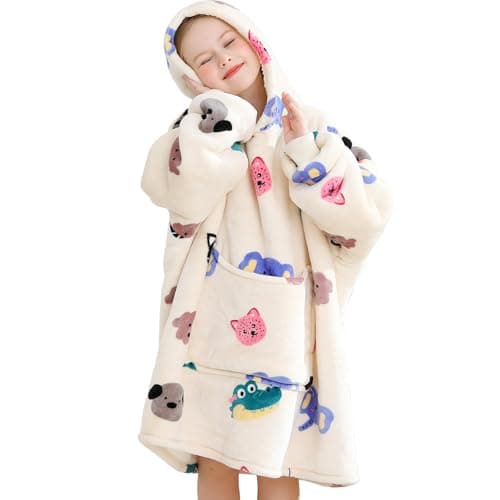 Aemilas Wearable Blanket Hoodie Gifts for Kids 6-13 Years Old, Cozy Warm Sherpa Hoodies Blanket Sweatshirt for Youth Children Boys & Girls, Cute Little Animal Pattern Print - Image 1