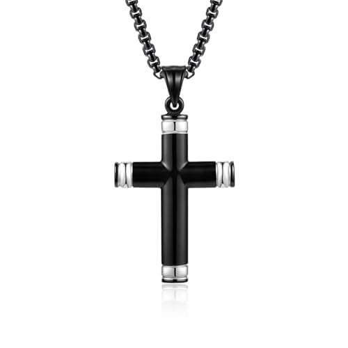 Stainless Steel Cross Necklace for Men, Silver Black gold plated Cross Pendant Jesus Necklace Chain, Non Tarnish Sturdy Mens Christian Jewelry Gifts for Him Baptism Confirmation Birthday, 24 Inch - Image 1