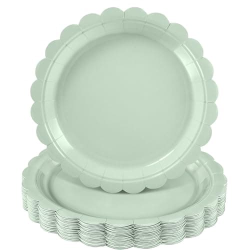 NatNarr 30 Pcs Sage Green Paper Plates 9 Inch Disposable Scalloped Easter Plates Cute Dessert Cake Plate Party Dinner Plate for Baby Shower, Wedding, Bridal Shower - Image 1
