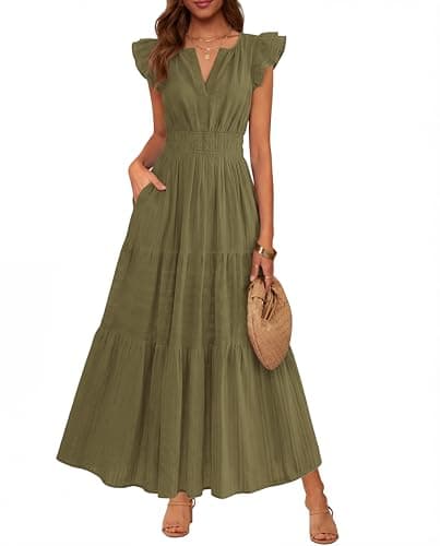 BTFBM Womens Summer Maxi Dress 2026 Spring Boho Vacation Ruffle Flutter Short Sleeve A Line Tiered Flowy Dresses Pockets(Army Green, Small) - Image 1