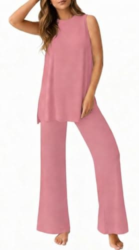 PrinStory Womens Pajamas Sets 2 Piece Soft Pjs for Women Sleeveless Pajama Set Summer Loungewear with Pockets Pink-2XL - Image 1
