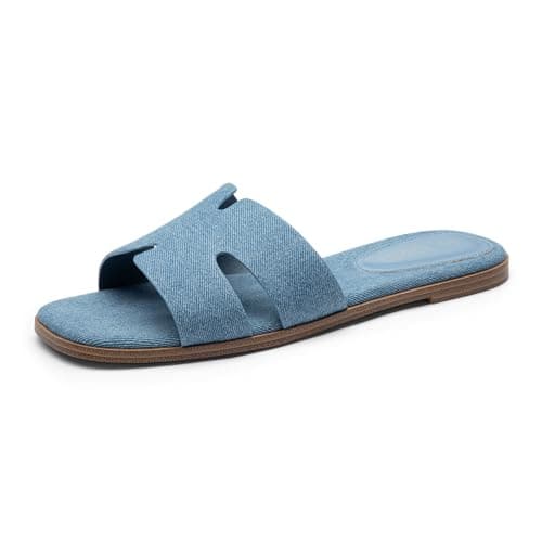 Rihero Flat Sandals for Women Dressy Summer Slip On Fashion Blue Sandals Square Open Toe Comfortable Beach Slides Size 8 - Image 1