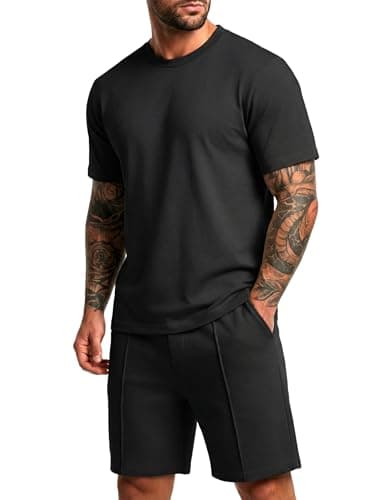 PrinStory Mens Short Sleeve Outfits 2 Piece Trackuits Summer Casual Shirt and Shorts Set with Pockets Black-XL - Image 1