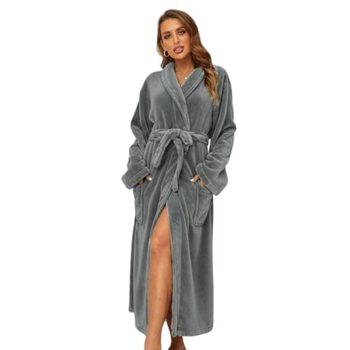 RONGTAI Womens Bathrobe Ladies Fleece Plush Warm Long Robes (X-Large,Gray) - Image 1