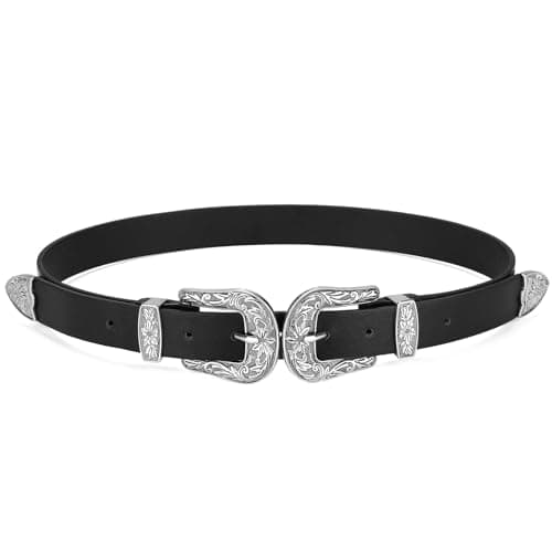SUOSDEY Western Belts for Women Black Leather Belts for Jeans Dresses with Retro Double Buckle Plus Size - Image 1