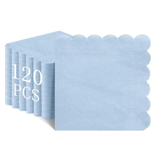 NatNarr 120 Pcs Cocktail Napkins Light Blue Napkins Boy Baby Shower Napkin Disposable Scalloped Blue Beverage Dessert Napkin for Birthday Wedding Baby Bridal Shower, 5 x 5 Inch - Image 1
