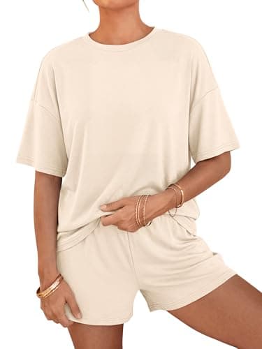 BTFBM 2 Piece Lounge Sets For Women 2026 Summer Airport Travel Vacation Outfits Loose Matching Clothing Spring Short Set(Beige, Medium) - Image 1