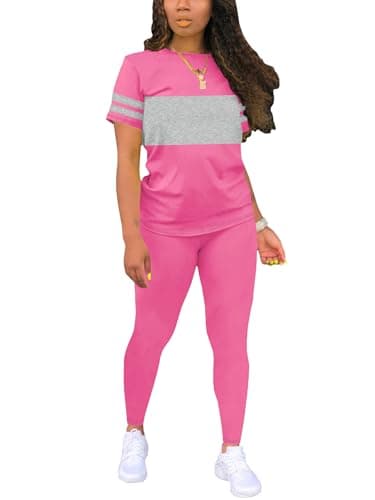 Hakubeby Two Piece Sets for Women Summer Short Sleeve Striped Crewneck Slim Fit Active Casual Sweatsuits Rose Red X-Large - Image 1
