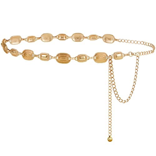 FIORETTO Concho Chain Belt for Women, Metal Western Cowboy Cowgirl Waist Chain with Oval Square Conchos, Boho Country Style Belt for Dress & Jeans, Gold, Length 45inch - Image 1