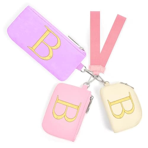 Mini Zip Around Keychain Wristlet Wallets for Women and Girls: Three Coin Purses with 2 Straps - Best Gifts for Birthdays, Christmas, Wedding Parties, Valentine's Day, New Year(B, Purle&Pink&Cream) - Image 1