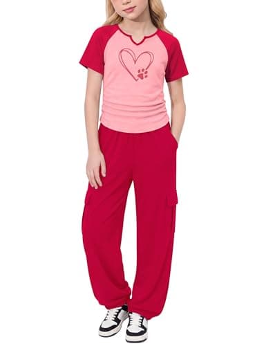 GEMLON Girls Outfits 2-piece Short Sleeve Graphic Tee and Cargo Pants with Pockets Summer Clothes for Teen Girls Size 13 - Image 1