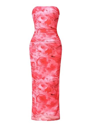 OutfitShow Womens Summer Bodycon Maxi Dresses 2026 Floral Strapless Tube Slit Ruched Mesh Cocktail Party Long Dress, Red Rose XL - Image 1