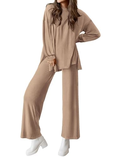 PRETTYGARDEN Womens 2026 Casual Lounge Sets Long Sleeve Tops Wide Leg Long Pants Spring Crewneck 2 Piece Outfits Tracksuits(Khaki,X-Large) - Image 1