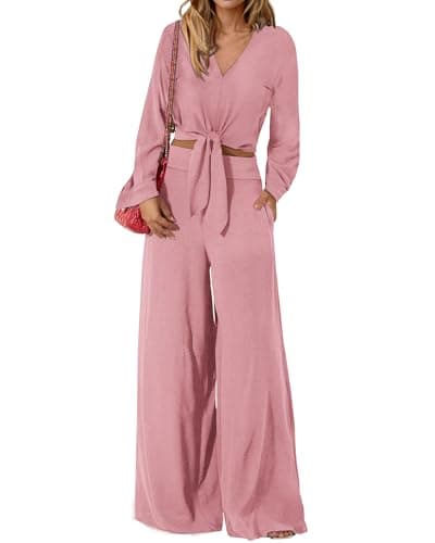 PRETTYGARDEN Women's 2 Piece Outfits 2026 Spring Fashion V Neck Long Sleeve Strappy Crop Top Wide Leg Pant Lounge Sets(Pink,XX-Large) - Image 1