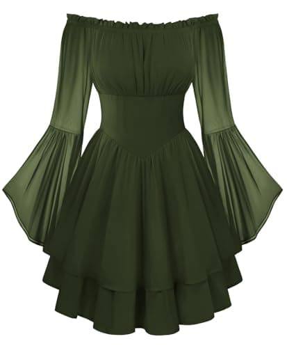 Scarlet Darkness Women Corset Dress Off Shoulder Bell Sleeve Ruffled Fairy Mini Dress Olive Green M - Image 1