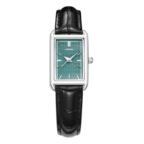 SINOBI Minimalist Causal Square Watch for Women Leather Strap Watch (Silver-Green) - Image 1