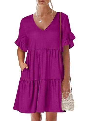 ANRABESS Dresses for Women Summer 2026 V Neck Ruffle Sleeve A Line Tiered Flowy Casual Trendy Mini Beach Dress with Pockets Fuchsia XX-Large - Image 1