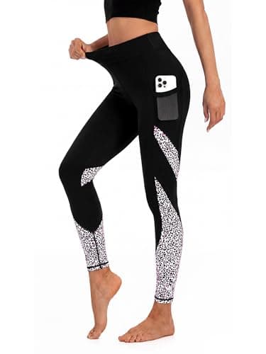 PEFYERVERY Women's High Waisted Yoga Leggings - Leopard Block Print Phone Pockets Tummy Control Workout Casual Pants Pink L - Image 1