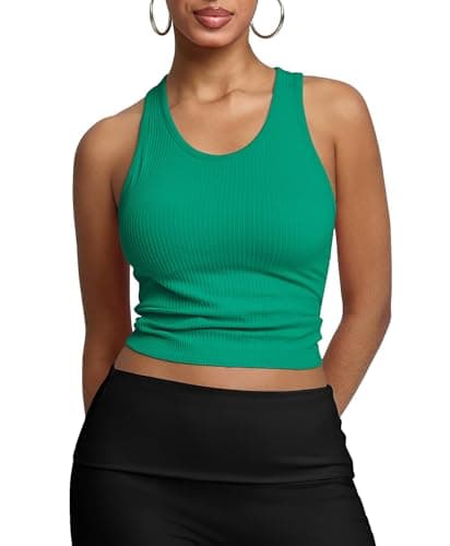 BRXL Women's Ribbed Racerback Tank Tops with Built-in Bra U Neck Sleeveless Fitted Casual Athletic Workout Gym Top Ocean Green XXL - Image 1