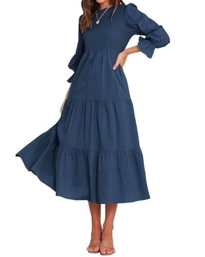 BTFBM Women Casual Long Sleeve Dress Fall Dresses 2025 Solid Color Relaxed Fit Smocked Tiered Flowy Boho Long Dresses(Solid Dark Blue,XX-Large) - Image 1
