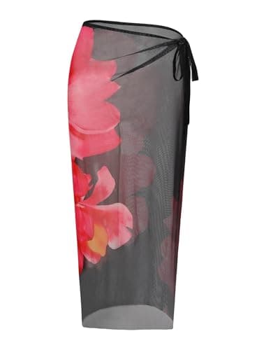 ZAFUL Womens Sheer Sarong Beach Cover Up Hibiscus Floral Bathing Suit Wrap High Slit Lightweight Bikini Coverups Swimsuit Skirt Pareo Vaction Dress Pink Black Summer 2026 Medium - Image 1