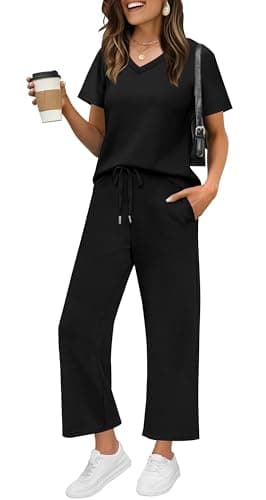 WIHOLL Matching Sets Women Clothing 2 Piece Loungewear Summer Spring Workout Sets Pants Jogging Suits Beach Resort Wear Going Out Vacation Essentials Maternity Clothes 2025 Black XL - Image 1