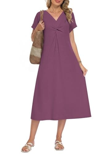 WNEEDU Women Summer Midi Dress Twist Front V Neck Short Sleeve Loose Casual Pockets,Mauve,S - Image 1