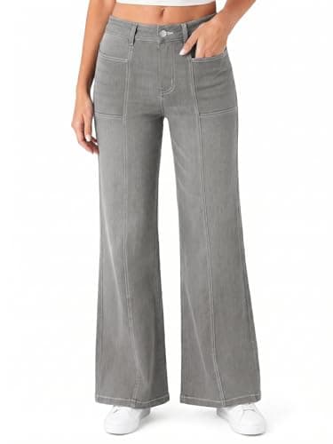 Flowyair Wide Leg Jeans Women Stretchy Sweatpant Jeans High Waisted Flared Casual Trendy Straight Denim Pants with Pockets Light Grey - Image 1