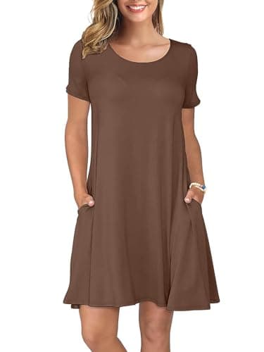 KORSIS Summer Dress for Women Casual T-Shirt Short Sleeve Dark Coffee XL Autumn Dresses Swing Flowy Beach Vacation Sundress with Pockets - Image 1