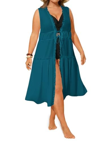Yousify Womens Plus Size Swimsuit Long Cover Up Chiffon Bikini Coverups Kimono Tie Front Bathing Suit Beachwear Blue - Image 1