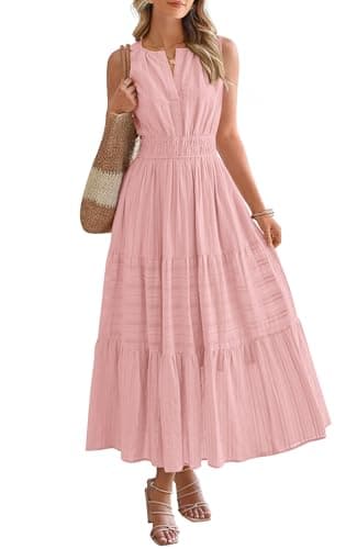 BTFBM Summer Dresses for Women 2026 Sleeveless Boho V Neck A Line Flowy Spring Casual Maxi Dress Beach Vacation Pockets(Pink, X-Large) - Image 1