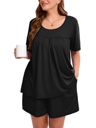 AusLook Women's Plus Size Pajama Sets Short Sleeve Top and Shorts Black 1X Comfy Soft Ladies Short Pajamas Set Loungwear Sleepwear Pjs Set 2 Piece Lounge Set with Pockets - Image 1