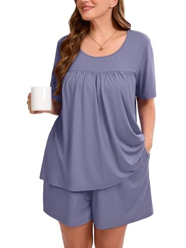 AusLook Women's Plus Size Pajama Sets Short Sleeve Top and Shorts Purple Gray 3X Comfy Soft Ladies Short Pajamas Set Loungwear Sleepwear Pjs Set 2 Piece Lounge Set with Pockets - Image 1
