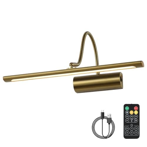 JOOSENLUX Battery Operated Picture Lights Gold Wall Lights Wireless Flexible Neck with Remote Rechargeable Wall Lights for Pictures 16" Dimmable Display Art Light with Timer 3000K Brass - Image 1