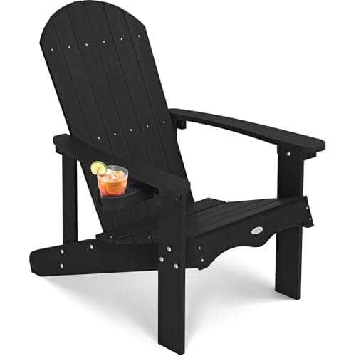Y&M Adirondack Chair, Black Fire Pit Chairs, Outdoor Patio Chairs with Cup Holder, Weather Resistant HDPE Wooden Textured Patio Chairs, Perfect for Garden, Lawn, Deck, or Poolside - Image 1