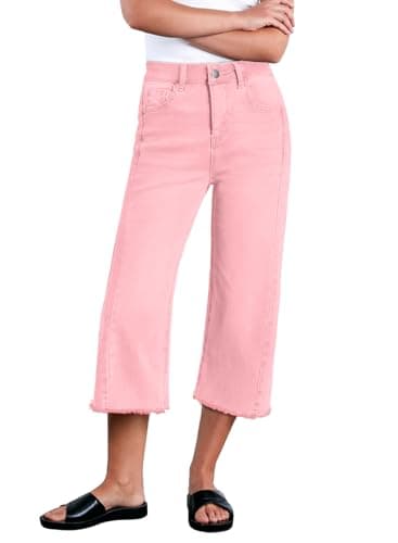 Sidefeel Women's High Waisted Jeans Stretchy Wide Leg Raw Hem Summer Outfits Capri Pants Size 16 Pink - Image 1
