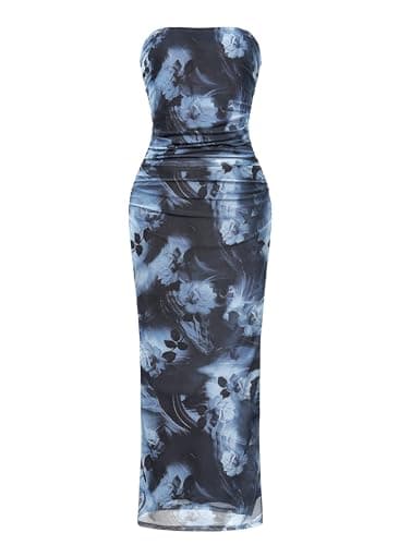 OutfitShow Womens Summer Bodycon Maxi Dresses 2026 Floral Strapless Tube Slit Ruched Mesh Cocktail Party Long Dress, Gray Black Flower XS - Image 1
