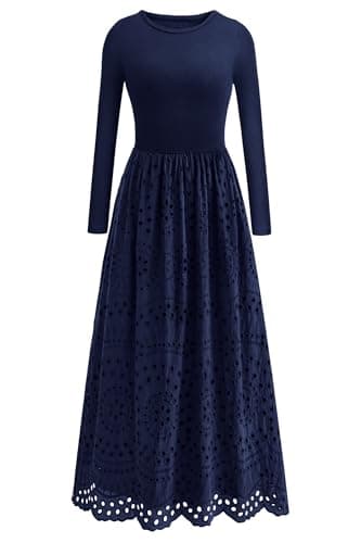dowerme Women Spring Dresses 2026 Casual Long Sleeve Crewneck A-Line Boho Eyelet Cotton Maxi Wedding Guest Dress Pockets(Navy Blue,Large) - Image 1
