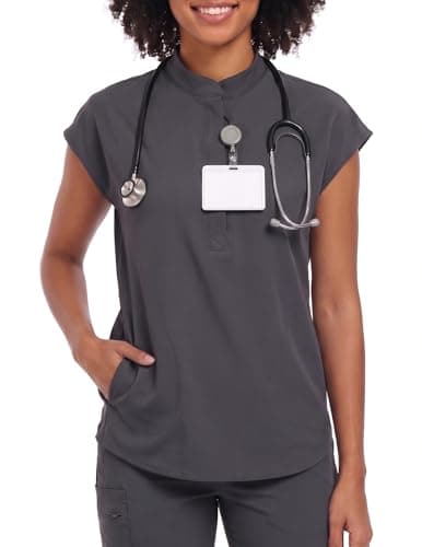 VECARDI Women's Scrub Top Zip Front Stretch Short Sleeve Nurse Uniform Shirt with Pockets Badge Loop Grey