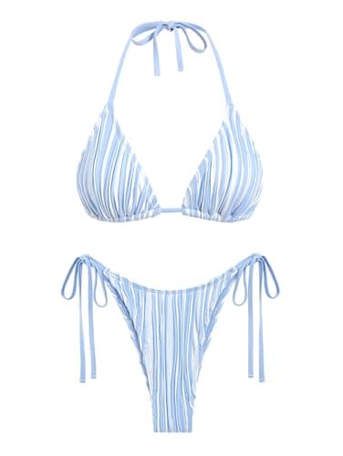 seamoly String Bikini High Cut Bathing Suit for Women Ribbed Textured Color Block Halter Striped Tie Side 2 piece Swimsuit Sky Blue L - Image 1