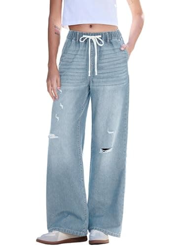 Dokotoo Women's Ripped Wide Leg Jeans Casual Trendy Mid Rise Stretchy Straight Leg Baggy Drawstring Vintage Denim Pants with Pockets Beau Blue - Image 1