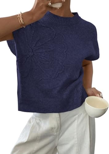 PRETTYGARDEN Women's 2026 Spring Sweater Vest Trendy Flower Knit Short Sleeve Cute Pullover Tank Tops Summer Fashion Clothing (Navy Blue,Large) - Image 1