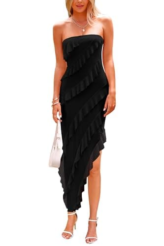 PRETTYGARDEN Summer Wedding Guest Dresses for Women 2025 Strapless Tube Ruffle Elegant Dinner Cocktail Long Dress (Black,Small) - Image 1