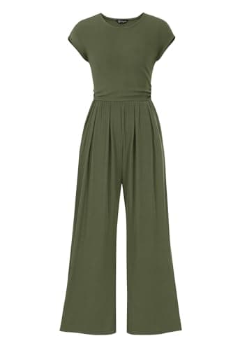 PRETTYGARDEN Summer Jumpsuits for Women Dressy 2026 Ribbed Cap Sleeve Wide Leg Pants Rompers Elegant Casual One Piece Outfits (Army Green,Medium) - Image 1