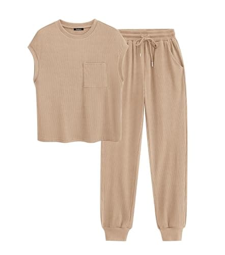BTFBM Women's Two Piece Tracksuit Outfits Summer Short Sleeve Tops Long Pants Jogger Lounge Matching Sets Sweatsuit(Khaki,Medium) - Image 1