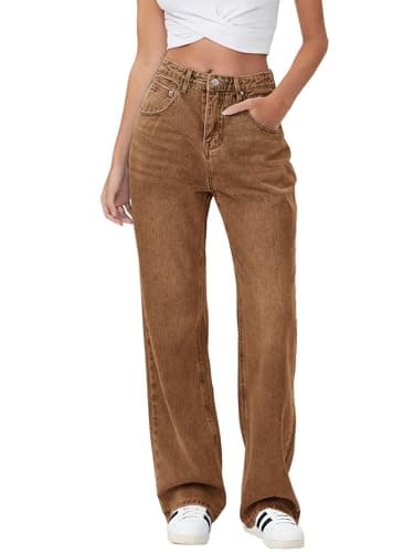 HDLTE Baggy Stretchy Jeans for Women High Waisted Trendy Wide Leg Jeans Boyfriend Denim Pants with Patch Pockets(Brown,X-Large) - Image 1