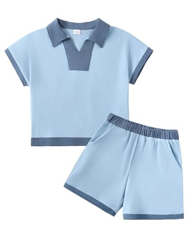 GEMLON Toddler Girl Outfits Blue Colorblock Short Sleeve V Neck Tops Shorts with Pockets 2 Piece Set Girls Short Sets Size 6 - Image 1